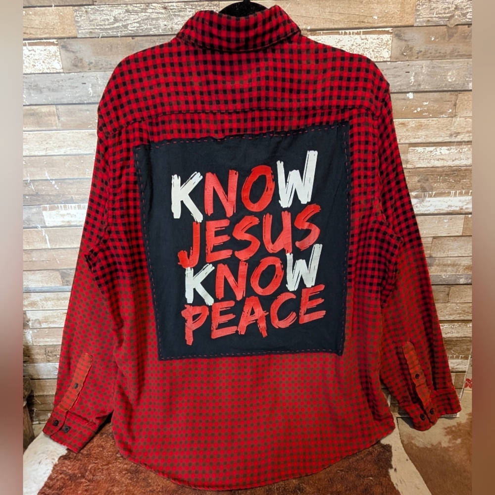 Know Jesus Know Peace Upcycled Dip Dye Bleached Flannel Shirt